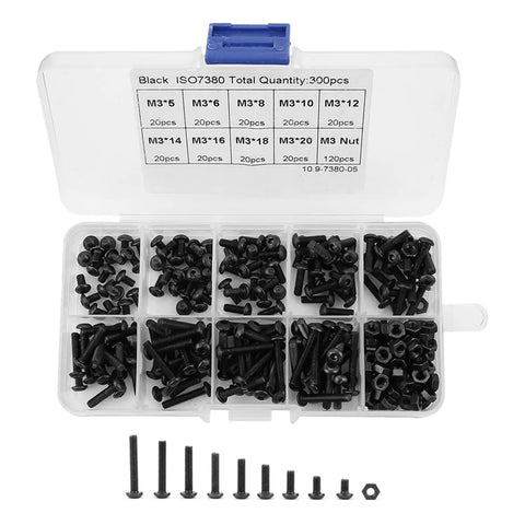 300 Piece High Strength M3 Black Button Head Hex Socket Screws And Nuts Kit For Industrial Use Heavy Duty 10.9 Grade Fasteners For Home Appliance Repair And Machinery Projects, assorted M3 sizes in organizer case