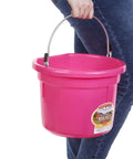 Flat Back Plastic Horse Feed Bucket With Metal Handle For Easy Hanging In Stall, 8 Quart Capacity, Hot Pink