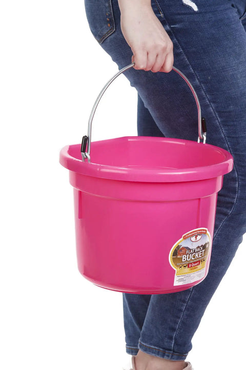 Flat Back Plastic Horse Feed Bucket With Metal Handle For Easy Hanging In Stall, 8 Quart Capacity, Hot Pink
