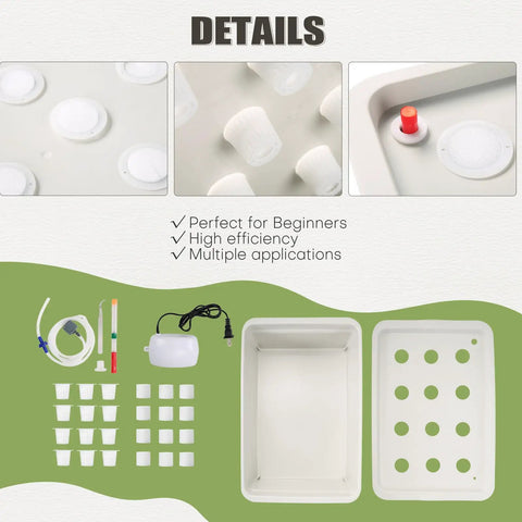 Hydroponic Growing Kit With Air Pump 12 Hole Soilless Grow Box components and assembly details.