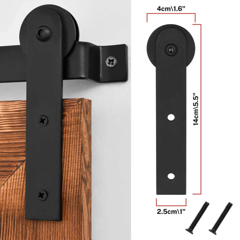 Close-up of black metal bracket for Farmhouse Barn Door Mirror With Rustic Wood Frame 41 By 26 Inches, showing dimensions and screws