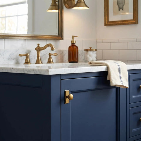 Blue cabinet with Antique Brass Cabinet Knobs With Backplate Escutcheon in a bathroom setting, showing marble countertop and brass fixtures.