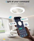 Super Quiet Low Profile Ceiling Fan With Lights And Hassle Free Smart Remote Space Saving Flush Mount Fixtures For Bedroom Living Room Top Shelf White Design With Smooth Dc Motor controlled by smartphone.