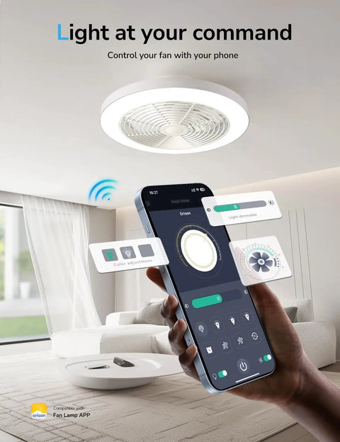 Super Quiet Low Profile Ceiling Fan With Lights And Hassle Free Smart Remote Space Saving Flush Mount Fixtures For Bedroom Living Room Top Shelf White Design With Smooth Dc Motor controlled by smartphone.