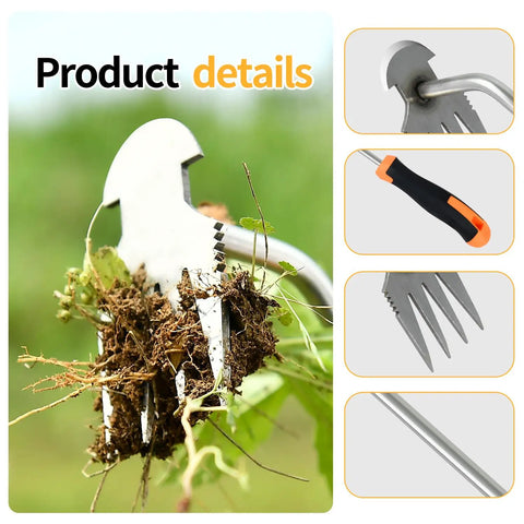 Stainless Steel Weed Puller Tool With Four Teeth Dual Purpose Garden Weeder For Weeding In Tight Spots Heavy Duty Hand Weeder With Rubber Handle 2024 Upgrade For Lawn And Garden Removal, close-up of roots