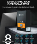 Dope 60A MPPT Solar Charge Controller With Bluetooth And WiFi, 150V Max PV Input on table, showcasing 8-point safety system.
