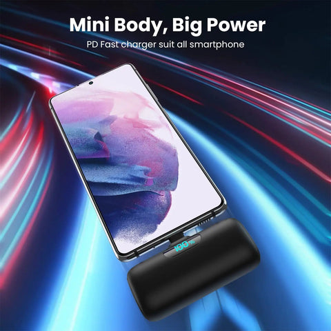 Slick Mini Portable Charger Power Bank 5000mAh Usb C Pd Fast Charging For iPhone 17 16 15 Series And Samsung Android on a colorful background.