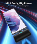 Ultra Compact 5000mAh Power Bank 15W PD Fast Charge LCD Screen next to a smartphone with a charging display.