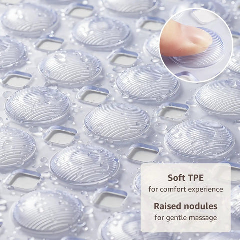 Close-up of Big Time Grip Non Slip Bathtub Shower Mat features soft TPE material and raised nodules for foot comfort.