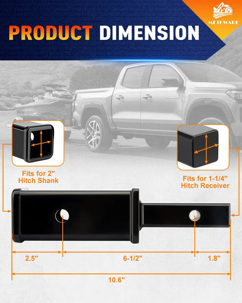 Beef Up Your Towing Setup With This Trailer Hitch Adapter Reducer From One And A Quarter Inch To Two Inch Six And A Half Inch Extension Half Inch Pin And Clip Five Eighth Inch Adapter For Three Thousand Five Hundred Lbs GTW shown with dimensions and a pickup truck in the background