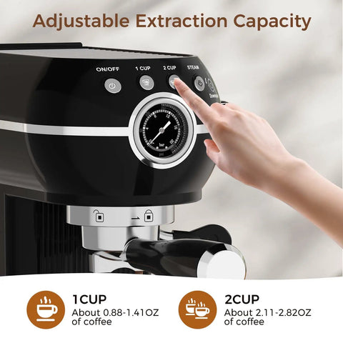 Pro Espresso Maker With Auto Milk Frother 20 Bar Pressure. Adjustable extraction buttons for single or double coffee servings.