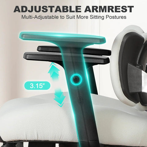 Close-up of adjustable armrest on ergonomic office chair with footrest and mesh back, adjustable headrest and armrests, gray