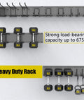 Heavy Duty Wall Mount Garage Tool Organizer With Adjustable Sliding Hooks, 500 Lbs Capacity, Anti Rust Steel Rack For Hanging Rake Broom Mower Snowboard And More, Built Tough For Garage And Workshop, displaying strong load-bearing capacity up to 675lb.