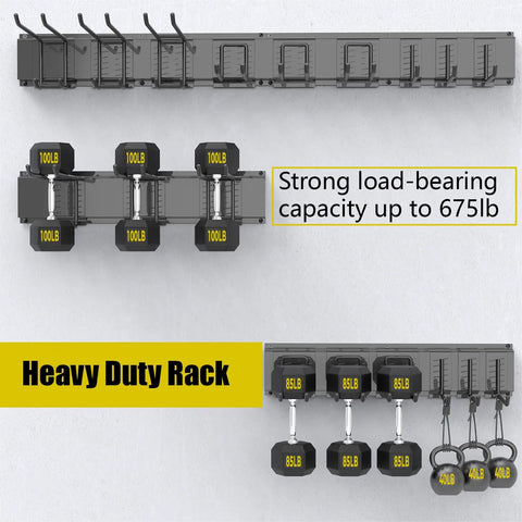 Heavy Duty Wall Mount Garage Tool Organizer With Adjustable Sliding Hooks, 500 Lbs Capacity, Anti Rust Steel Rack For Hanging Rake Broom Mower Snowboard And More, Built Tough For Garage And Workshop, displaying strong load-bearing capacity up to 675lb.