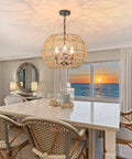 Rustic Woven Pendant Light With Hemp Rope Finish For A Coastal Beachy Vibe 3 Light Metal Basket Fixture Over Dining Table