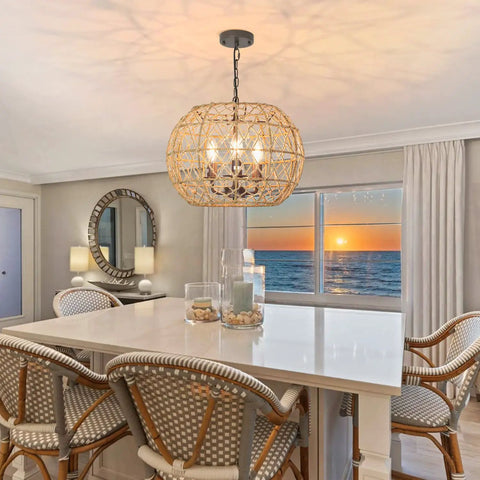 Rustic Woven Pendant Light With Hemp Rope Finish For A Coastal Beachy Vibe 3 Light Metal Basket Fixture Over Dining Table