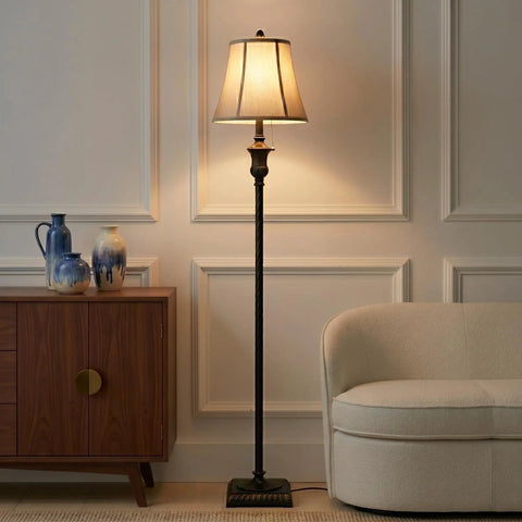Sophia LED Floor Lamp Tall Mid Century Modern Style With Bell Shape Fabric Shade Bronze Finish For Bedroom And Living Room Decor