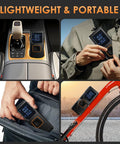 Cordless Tire Inflator Air Compressor With Digital Pressure Gauge shown in use with a bike, car interior, and pocket.