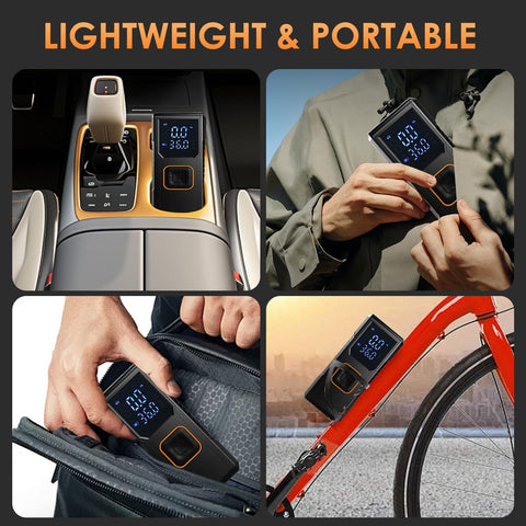Cordless Tire Inflator Air Compressor With Digital Pressure Gauge shown in use with a bike, car interior, and pocket.