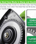 Close-up of fine steel saw blade showing sharp tungsten steel design for heavy duty electric pipe cutter slicing plastic and metal up to 400mm.