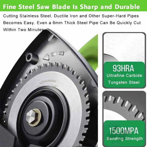 Close-up of fine steel saw blade showing sharp tungsten steel design for heavy duty electric pipe cutter slicing plastic and metal up to 400mm.