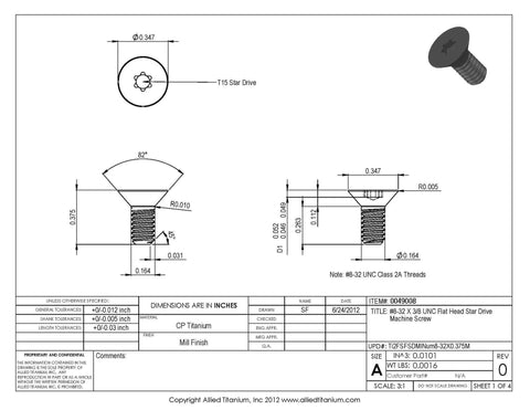 Allied Titanium flat-head Torx machine screw, #8-32 x 3/8 in, Grade 2 titanium, pack of 12, technical drawing view