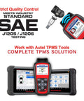 Autel MX TPMS sensors, 40 pcs, 315/433MHz metal-valve press-in sensors, shown with MaxiSys TPMS tool