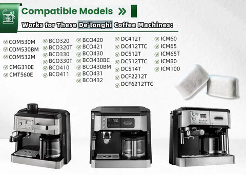 12-pack activated charcoal water filters for De'Longhi espresso machines (COM530M, COM532M, BCO430)