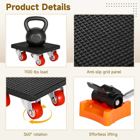 Super Heavy Duty Furniture Moving Set With 360 Spin Wheels And Smart Lifter For Sofa, Couch, Fridge Or Cabinet Shifting Up To 1100 Lbs includes anti-slip panel and 360 wheels.