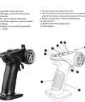 4 Channel 2.4GHz RC Radio System Transmitter with details; illustration and labeled parts for RC cars, boats, and tanks control.