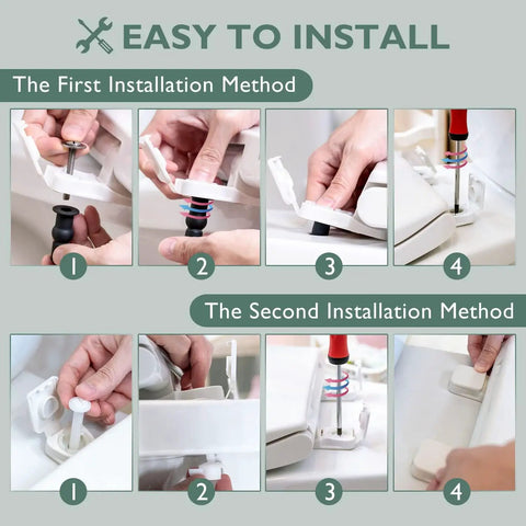 Installation steps for Elongated Toilet Seat With Slow Close Hinges And Four Non-Slip Bumpers, Easy To Install And Clean in white.