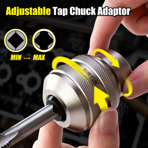 Heavy Duty Tap Socket Set With Adjustable Handle 6 Piece CR MO Steel Kit Including Metric M3 To M19 Sockets And One Quarter Three Eighths One Half Inch Adapters Extraction Tool For Quick Slip Free Fastening showing adjustable tap chuck adapter in use