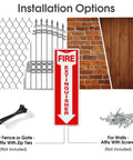 Fire Extinguisher Sign 12 By 4 Inch Aluminum Metal Built Tough Reflective Weatherproof Indoor Outdoor Use 12 Pack Pre Drilled Holes Easy To Install shown with installation options for fences and walls.