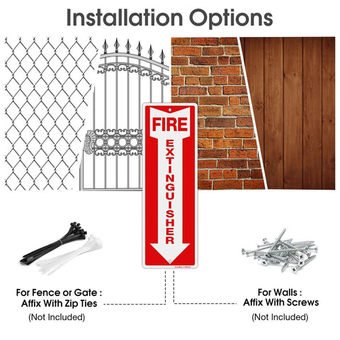 Fire Extinguisher Sign 12 By 4 Inch Aluminum Metal Built Tough Reflective Weatherproof Indoor Outdoor Use 12 Pack Pre Drilled Holes Easy To Install shown with installation options for fences and walls.