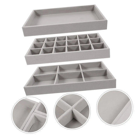 Sleek Three Piece Multi Compartment Jewelry Organizer Tray With Supple Velour Finish For Earrings Rings And Necklaces slick stacked trays