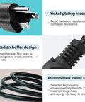Close-up details of 10 Ft 3 Prong AC Power Cord Universal Cable, nickel plating, radian buffer, environmentally friendly TPE
