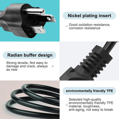 Close-up details of 10 Ft 3 Prong AC Power Cord Universal Cable, nickel plating, radian buffer, environmentally friendly TPE