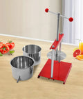 Heavy Duty 1.6 Gallon Stainless Steel Manual Press For Wine Cider Honey And Juicing, with red handle and stainless bowls.