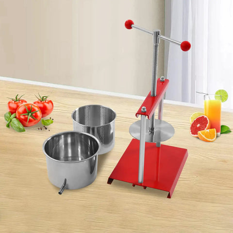 Heavy Duty 1.6 Gallon Stainless Steel Manual Press For Wine Cider Honey And Juicing, with red handle and stainless bowls.