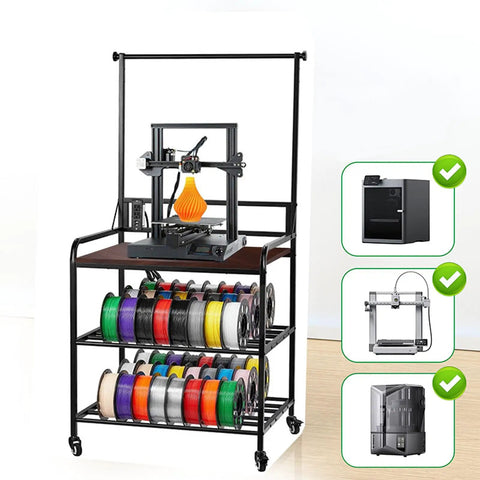 Tough As Nails 3D Printer Workbench Cart With Solid Wood Top And Steel Frame, 300 Lb Payload, showcasing 3D printer and filament storage.