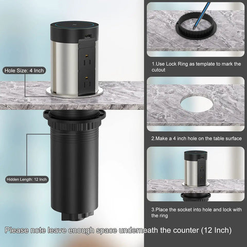 Pop Up Countertop Power Outlet With 5W Wireless Charger Four AC Outlets And Two USB Ports 4 Inch Pop Out ETL Listed
