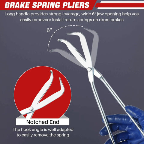 Brake spring pliers from Eight Piece Drum Brake Tool Kit With Brake Spring Pliers Remover And Installer Spring Compressor Brake Adjustment Spoons And Mini Spoon For Quick DIY Friendly Drum Brake Repairs with notched end detail.