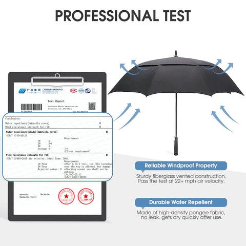 Automatic Open Golf Umbrella 47/54/62/68/72 Inch Oversize Black Windproof Waterproof with test report and vented design