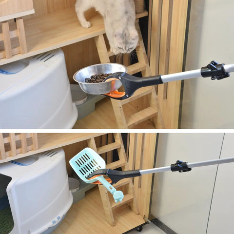 43-inch foldable reacher grabber tool with orange trigger and rotating jaw for grabbing items