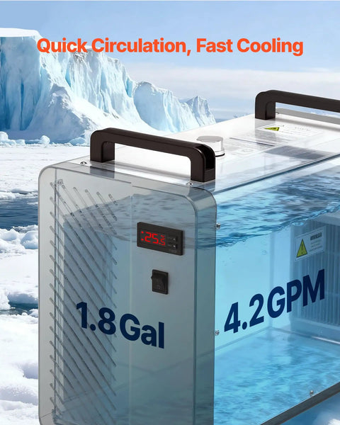 Heavy Duty Industrial Water Chiller Packing 5460 Btu Hourly Cooling Power Features Slick Dual Temp Regulation And 4 2 Gpm Peak Flow showing control panel and circulation.