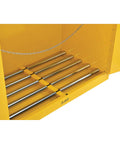 Interior view of No Slouch Double Drum Safety Cabinet for Flammable Liquids with rollers and chain, OSHA compliant storage.
