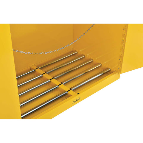 Interior view of No Slouch Double Drum Safety Cabinet for Flammable Liquids with rollers and chain, OSHA compliant storage.
