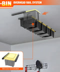 Overhead Garage Ceiling Bin Storage Rack For Six Bins Adjustable Heavy Duty Tote Rails That Declutter Your Garage And Free Up Floor Space No More Floor Clutter With Ceiling Tote Storage Bins Not Included