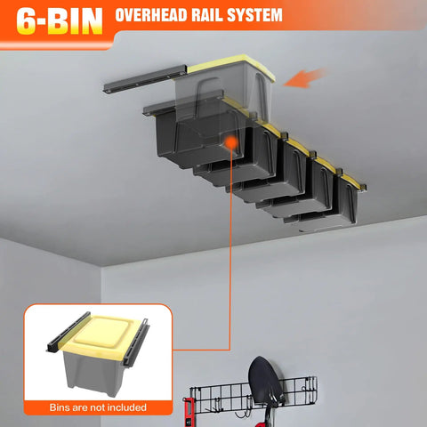 Overhead Garage Ceiling Bin Storage Rack For Six Bins Adjustable Heavy Duty Tote Rails That Declutter Your Garage And Free Up Floor Space No More Floor Clutter With Ceiling Tote Storage Bins Not Included