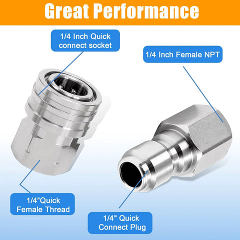 Two stainless steel 1/4-inch pressure washer quick-connect fittings, female socket and male plug